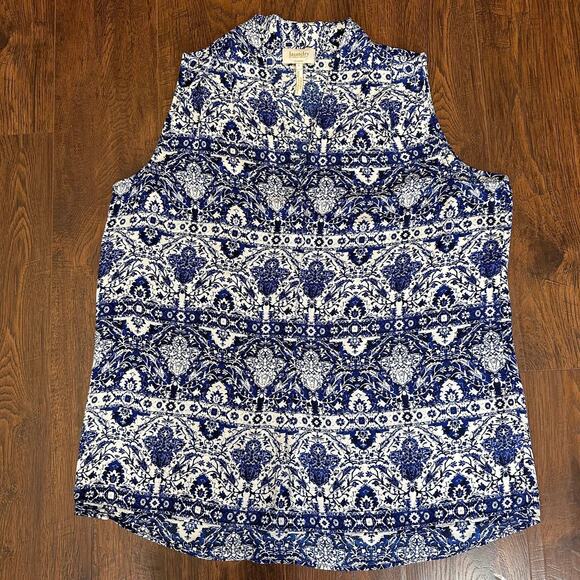 Laundry by Shelli Segal Blouse Sleeveless Tank WMNS L Royal Blue Printed V-neck - Picture 8 of 8